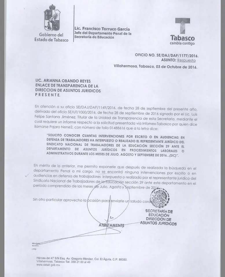 Informe de la SETAB sobre las intervenciones de la Sección 29 del SNTE en defensa de sus agremiados.