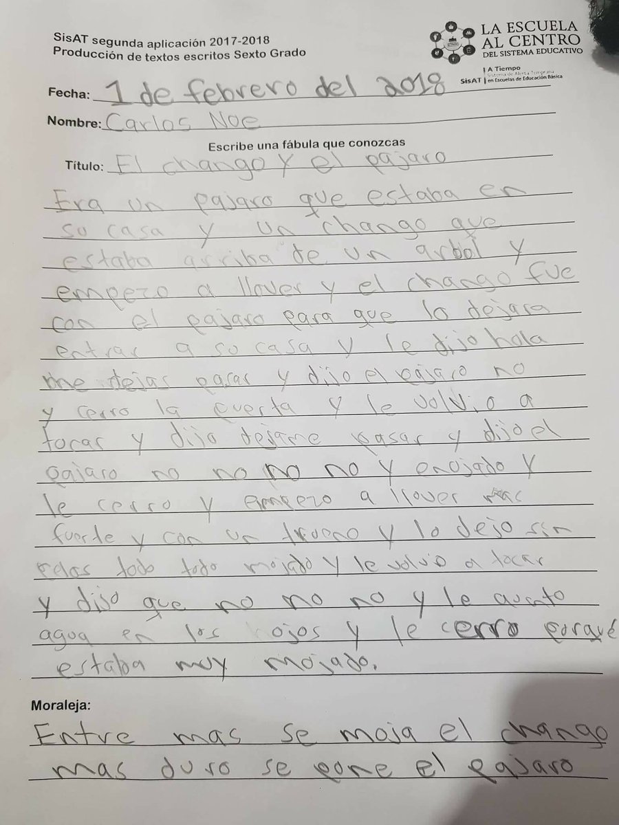 ¡Mira la fábula que escribió este niño en la prueba del SisAT!